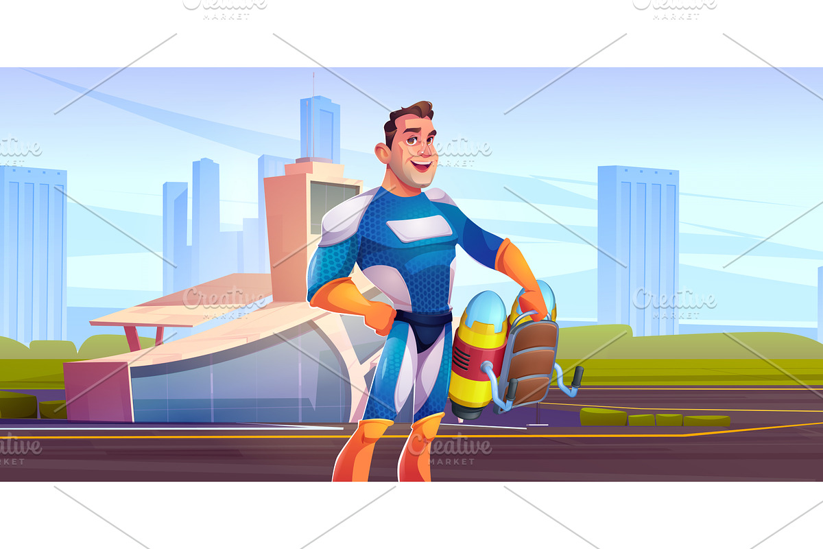 Cartoon superhero man with jetpack, a Person Illustration by art PVP - market
