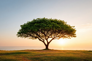 Solitary tree in a grassy field under cloudy sky, a Nature Photo by AlyaAnd