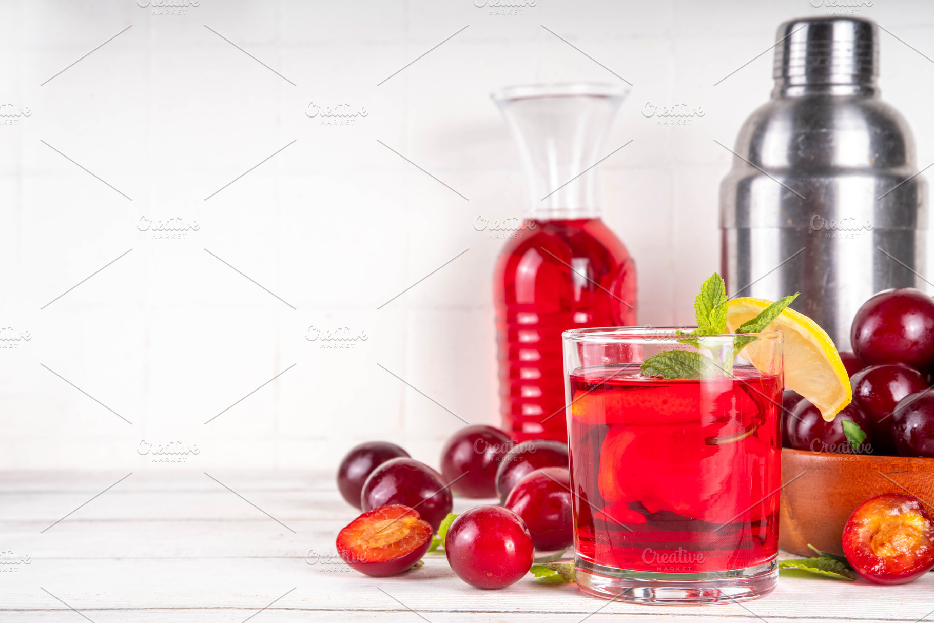 Cherry plum lemonade or mojito cocktail, a Food & Drink Photo by Rimma