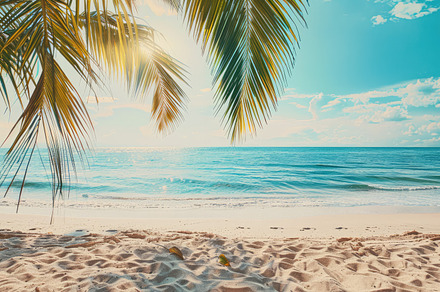 A tropical beach with palm trees, a Nature Photo by Virgo Studio