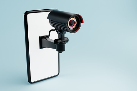 CCTV Security camera isolated on white smartphone display in blu, a Technology Photo by Ministocker
