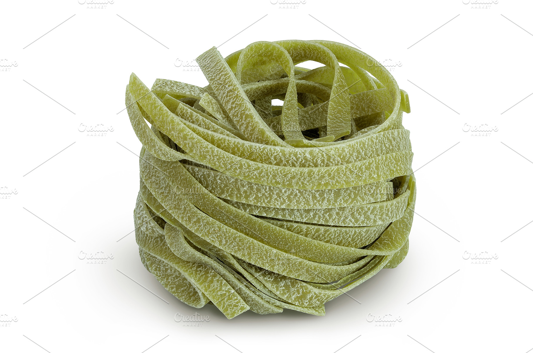 Raw tagliatelle green pasta with, a Food & Drink Photo by NataPhoto