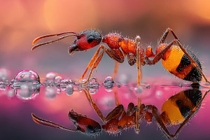 Red ant on water surface sunset refl, a Photo by Pixeness Studio