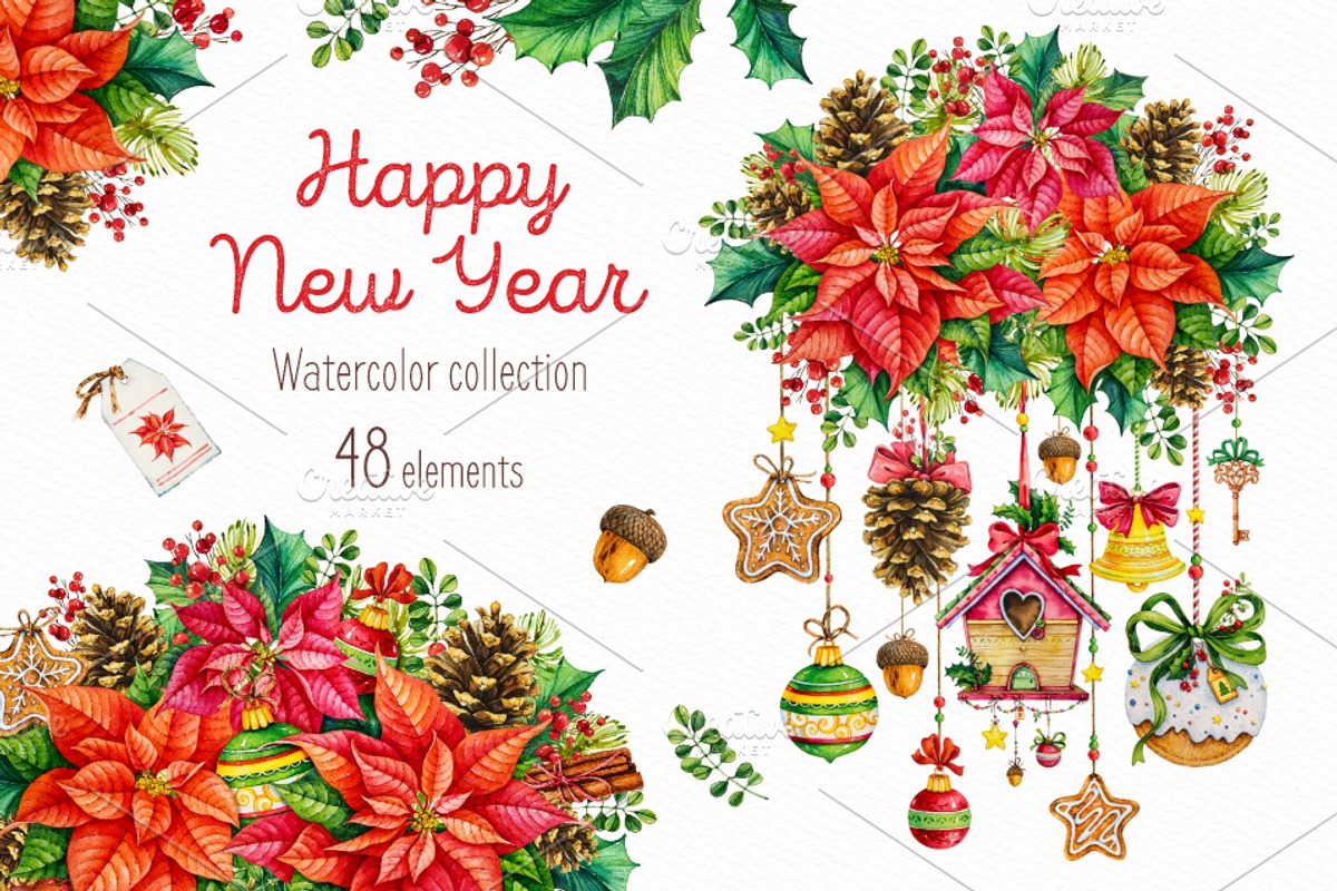 Happy New Year.Watercolor collection, a Decorative Illustration by Ekaterina Mikheeva (Photo 1 of 8)
