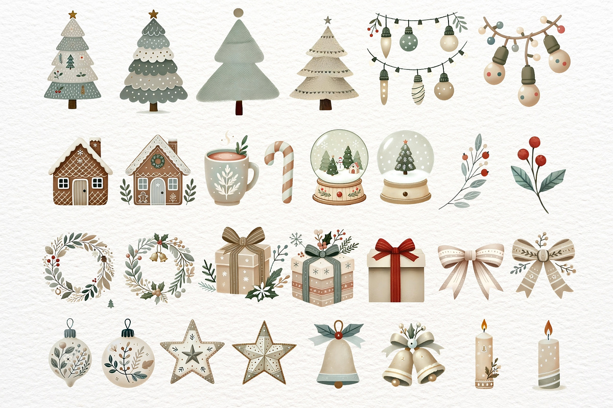 Neutral Christmas Watercolor Clipart, an Illustration by Nicolle's Colorful Art (Photo 3 of 8)