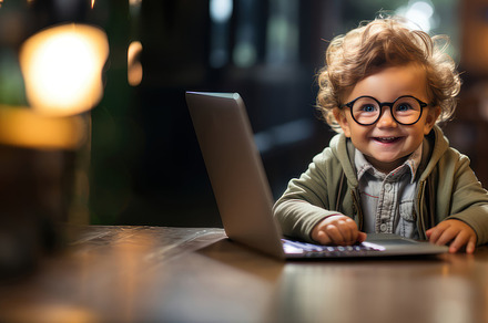 Adorable Toddler Wearing Glasses Using a Laptop in a Cozy Room, a Photo by AS photostudio