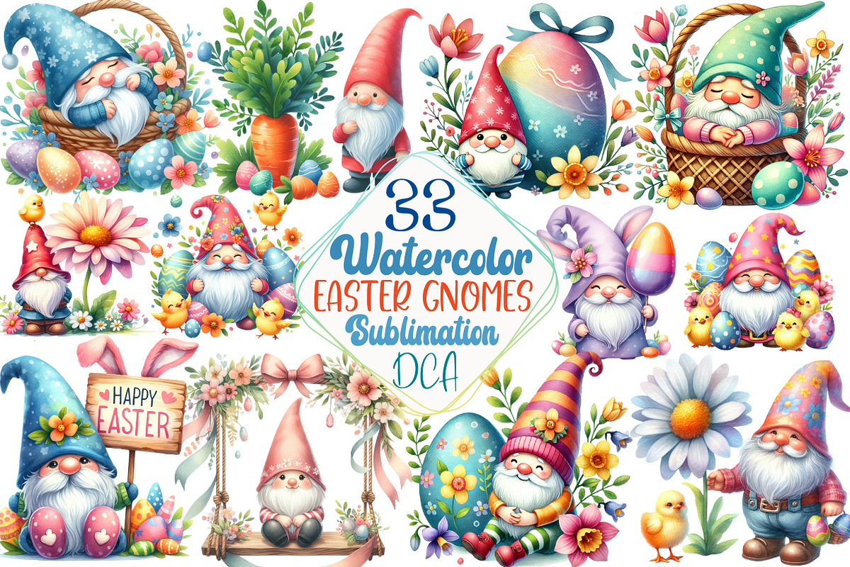 Watercolor Cute Easter Gnomes Clipar, an Illustration by DreamCafeArt (Photo 1 of 5)