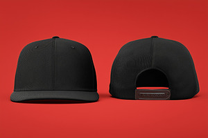 A black baseball cap mockup from the front and back on a red background, a Hat Mockup by Textures & Backgrounds