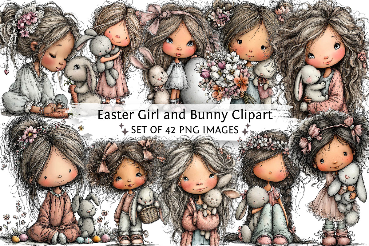 Easter Girl and Bunny Watercolor Cli, an Illustration by DreamPrint404 (Photo 1 of 6)