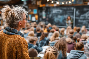 Teacher overseeing a classroom of high school students during a lecture, a Photo by AS photostudio