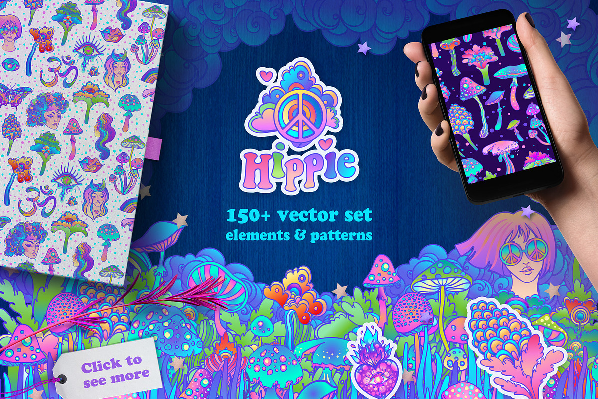 HIPPIE Set of 150+ vectors, a Pattern Graphic by Varvara Gorbash (Photo 1 of 9)