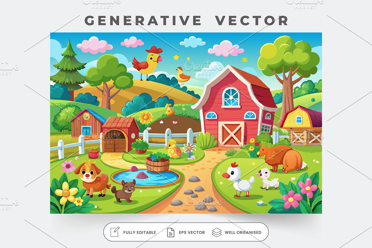 Farm animals play in a sunny landsca, a Graphic by Iftikhar Alam