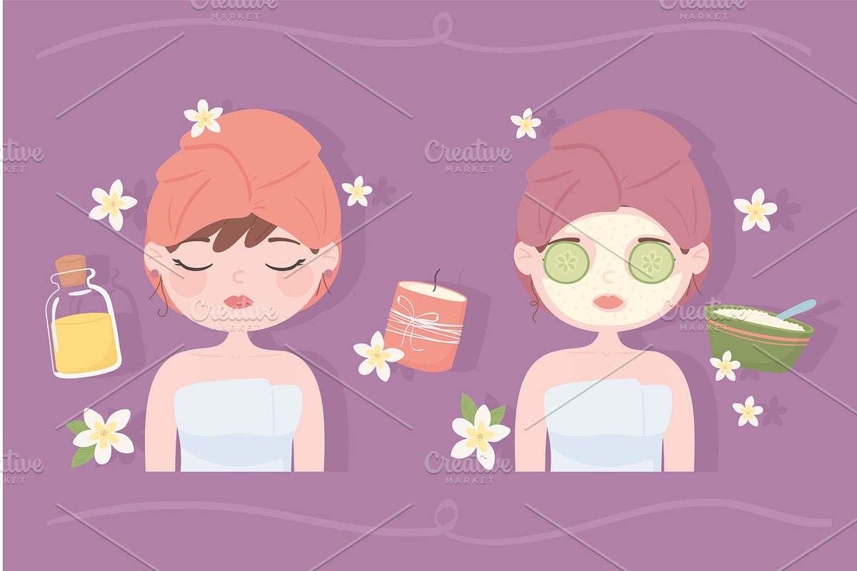 women in a spa icon set, a Person Illustration by studiogstock