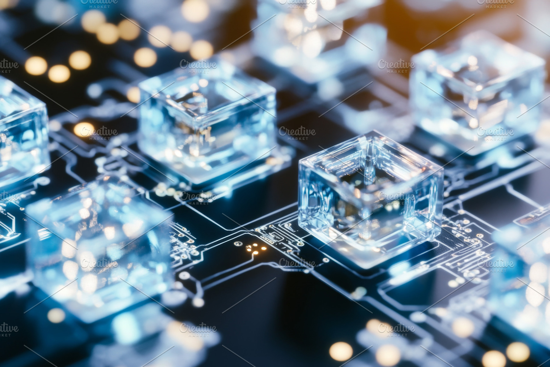 Crystal cubes on electronic circuit, a Photo by Dvoevnore photos