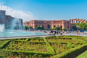 Republic Square with fountains and flowerbed in Yerevan with cop, a Photo by Pictures for you!!!!!!!!!
