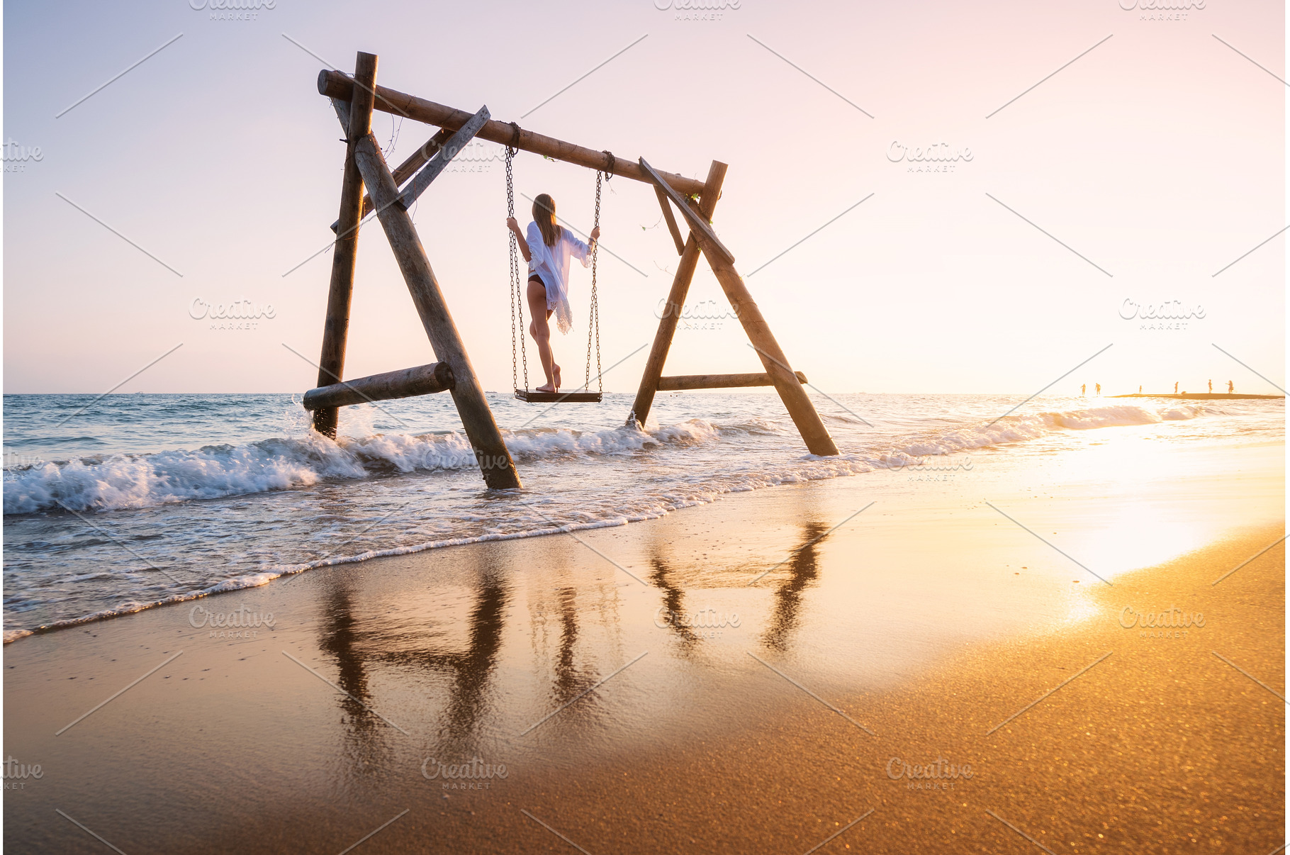 Happy young woman on wooden swing in, a Person Photo by den-belitsky