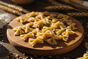 Raw farfalle pasta arranged on woode, a Food & Drink Photo by professorinc
