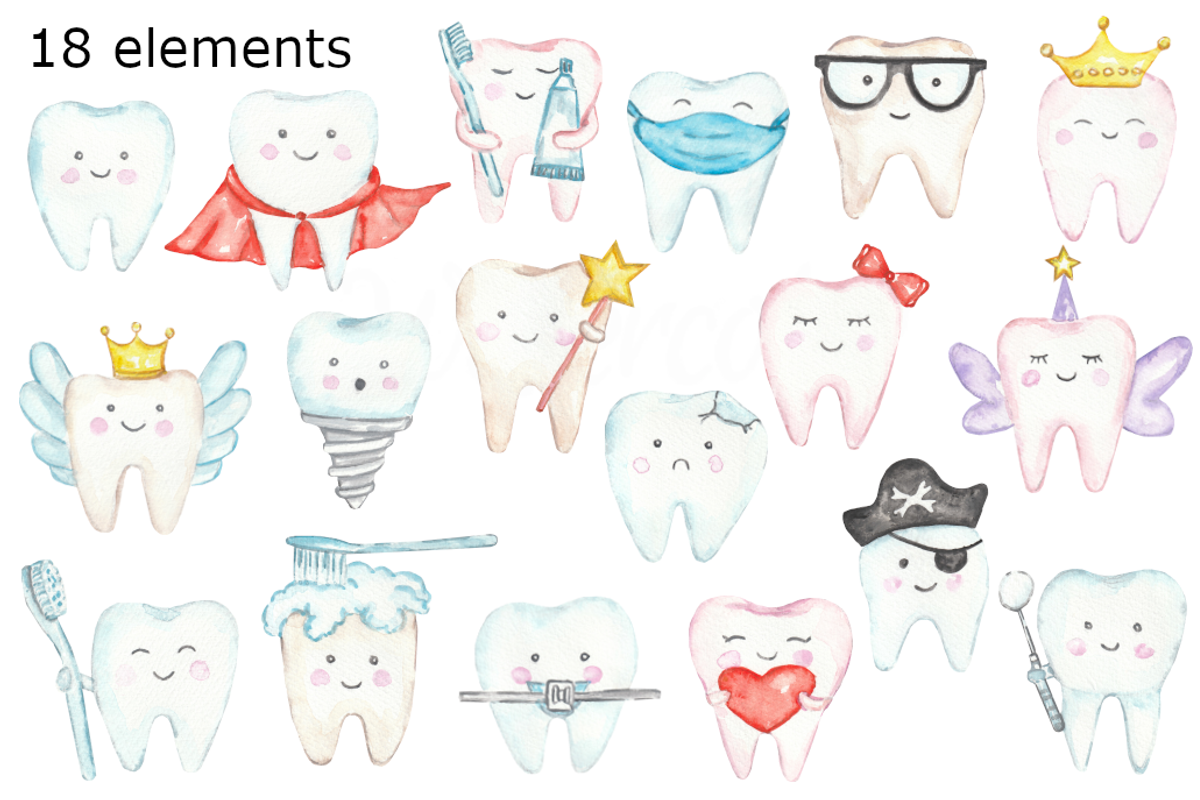 Cute tooth watercolor clipart, a Background Graphic by GoodFairyClipArt (Photo 2 of 3)