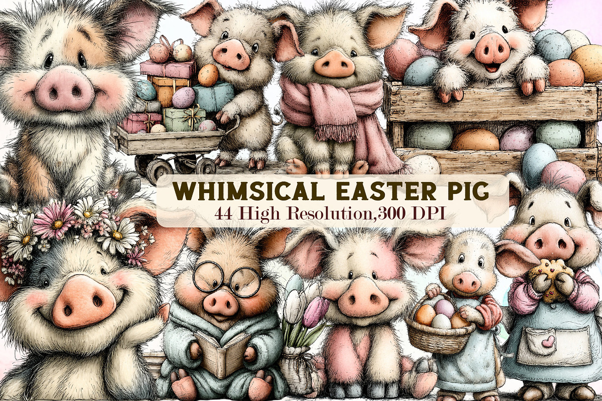 Whimsical Easter Pig Clipart Bundle, an Illustration by Sublimation Artist (Photo 1 of 7)