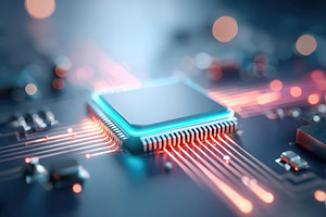 Close-up of a glowing microchip on a circuit board, a Technology Photo by AlyaAnd