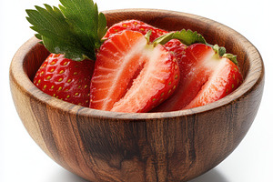 Strawberry slice in wooden bowl isol, a Food & Drink Photo by Pixeness Studio