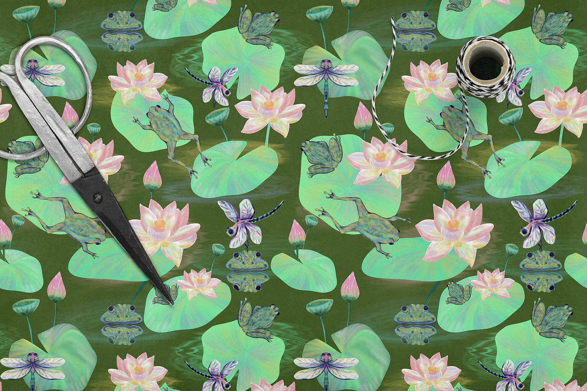 Frog Lotus Seamless Pattern, a Pattern Graphic by Oksana Dovhopol Art (Photo 15 of 23)