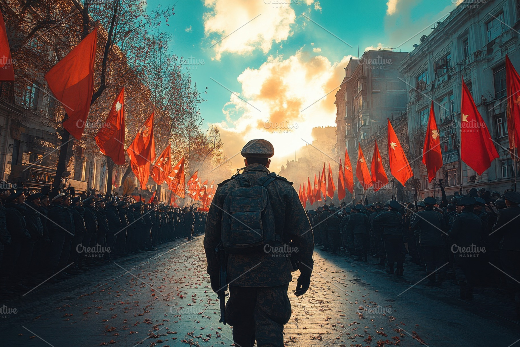 Soldier marches through a parade of, a Photo by Tanuart