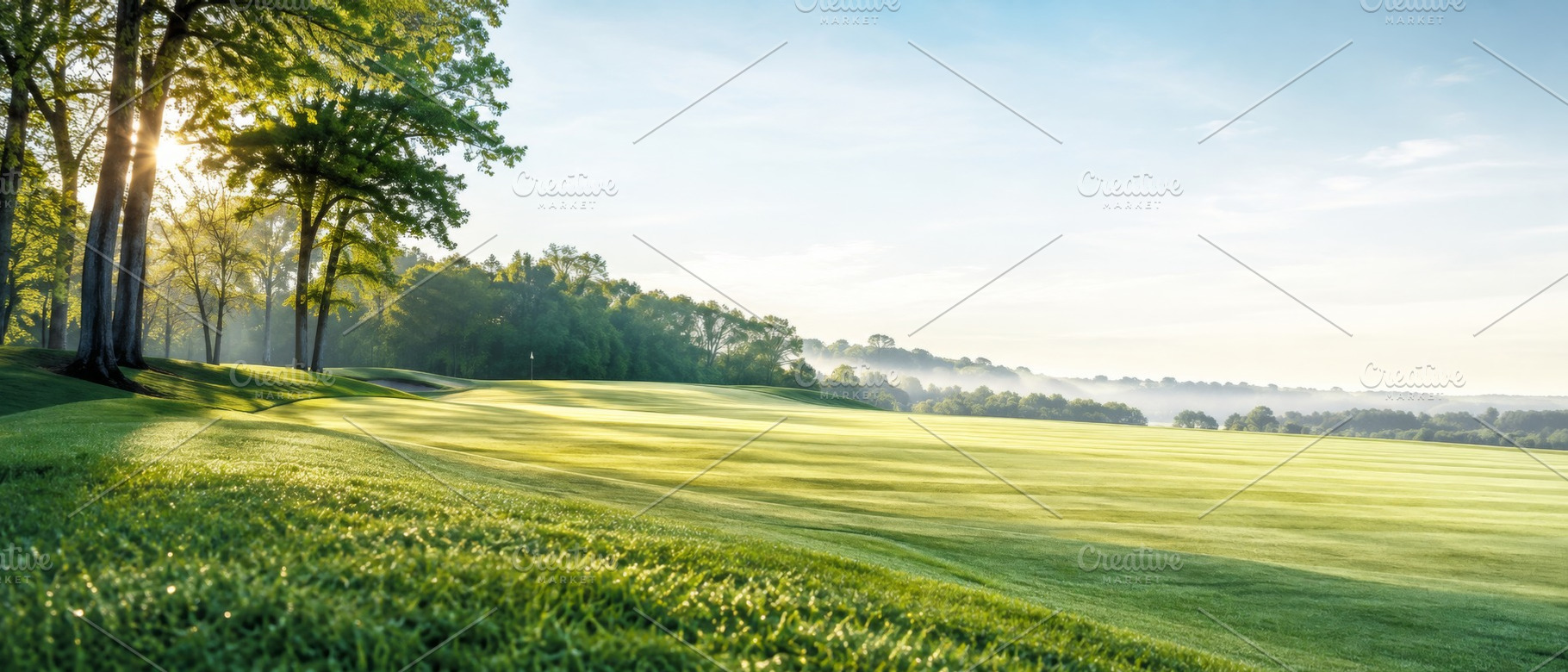 Golf course at sunrise with lush gre, a Photo by Dvoevnore photos