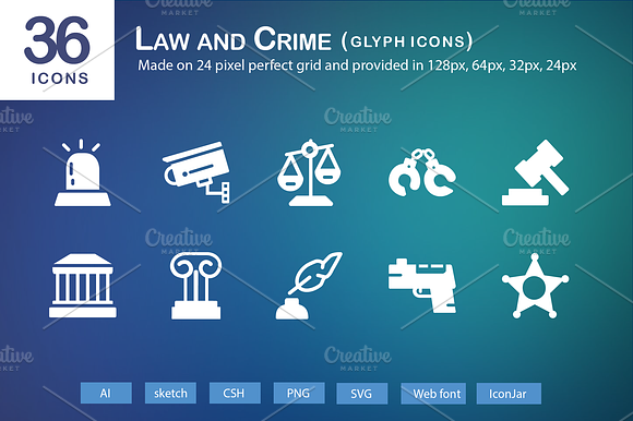 36 Law And Crime Glyph Icons