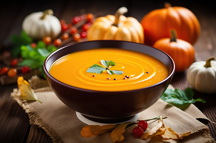 Pumpkin soup in plate with orange pumpkins and dry leaves on wooden background, a Food & Drink Photo by AlyaAnd