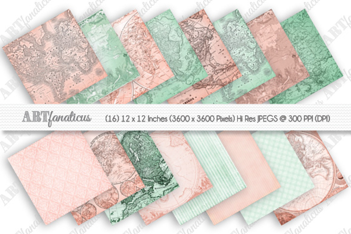 MINT & CORAL VINTAGE MAPS, an Illustration by Artfanaticus (Photo 2 of 4)