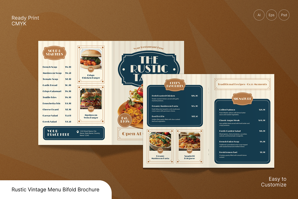 Rustic Vintage Menu Bifold Brochure, a Flyer Template by Annora Studio (Photo 1 of 6)