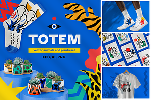 Totem. Vector animals and plants set