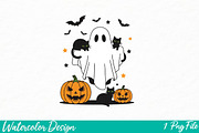 Halloween Black Cat & Ghost Png, an Illustration by Watercolor design (Thumbnail 1 of 3)