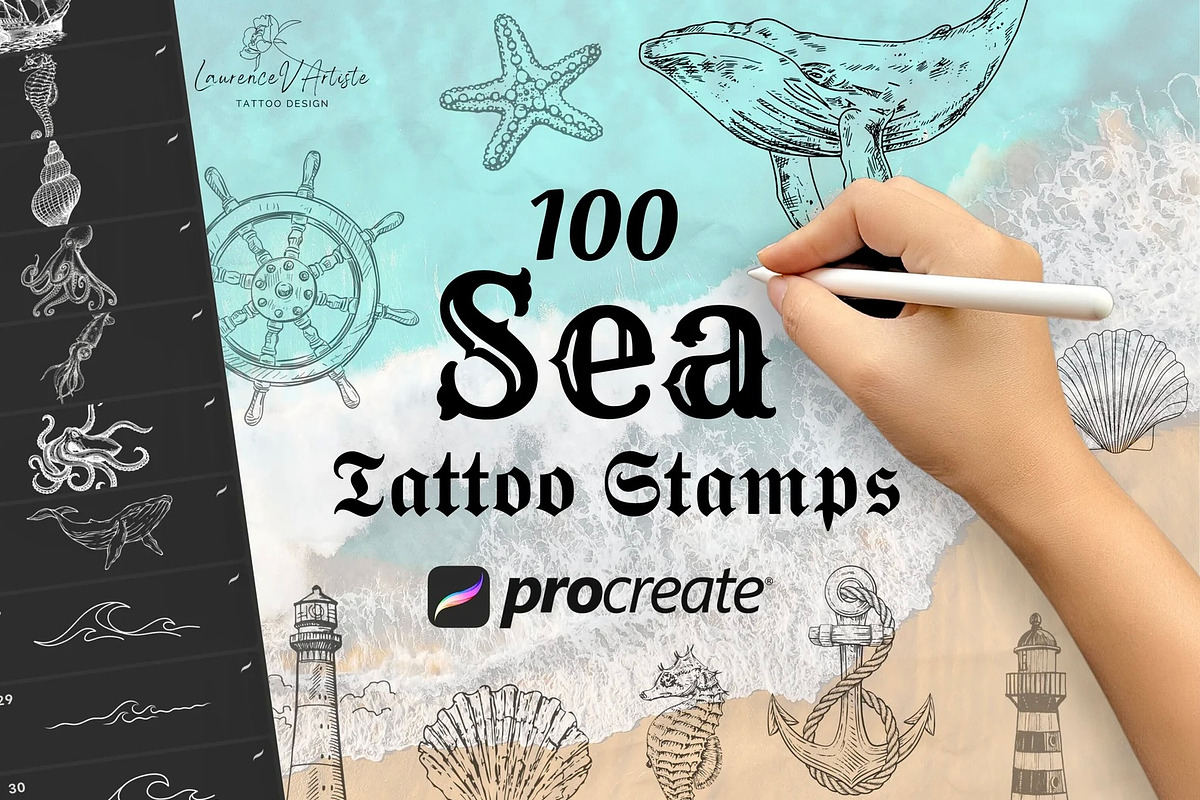 Sea Procreate Tattoo Brushes Stamps, a Brush Add-On by LaurenceVArtiste (Photo 1 of 9)