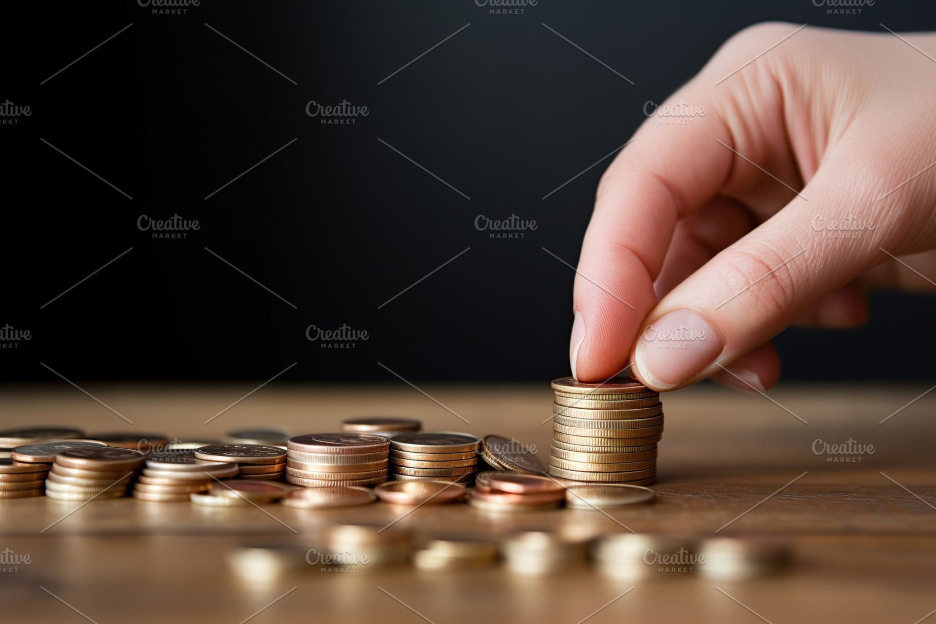 Stack of coins and female hand on wooden background, a Business Photo by AlyaAnd