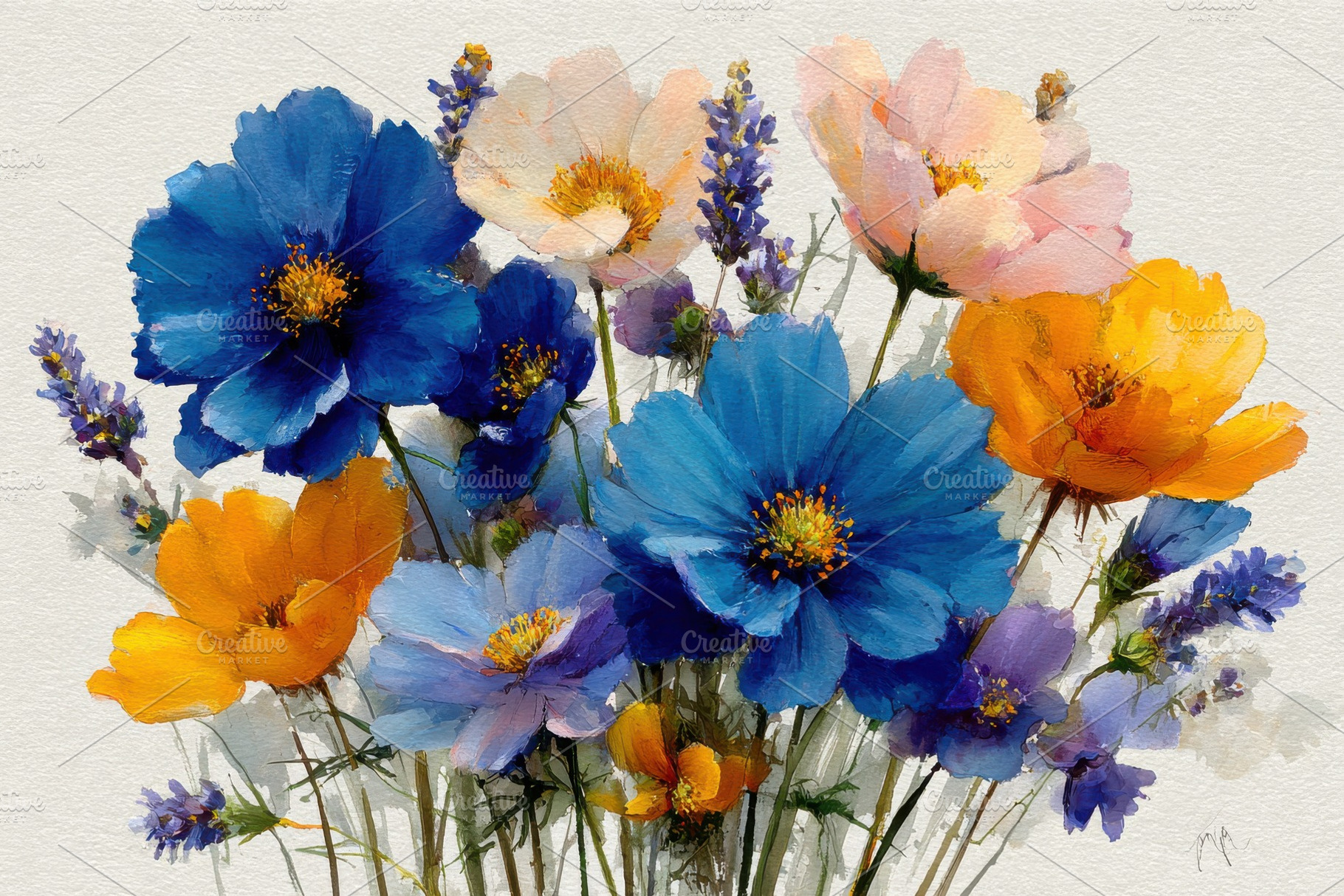 Vibrant Cosmos Bouquet Blue Orange P, a Photo by Pixeness Studio