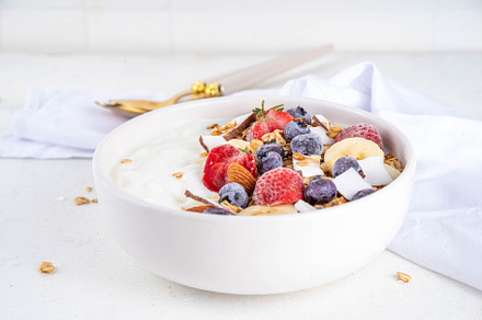 Breakfast yogurt granola bowl with fruit and berry, a Food & Drink Photo by Rimma