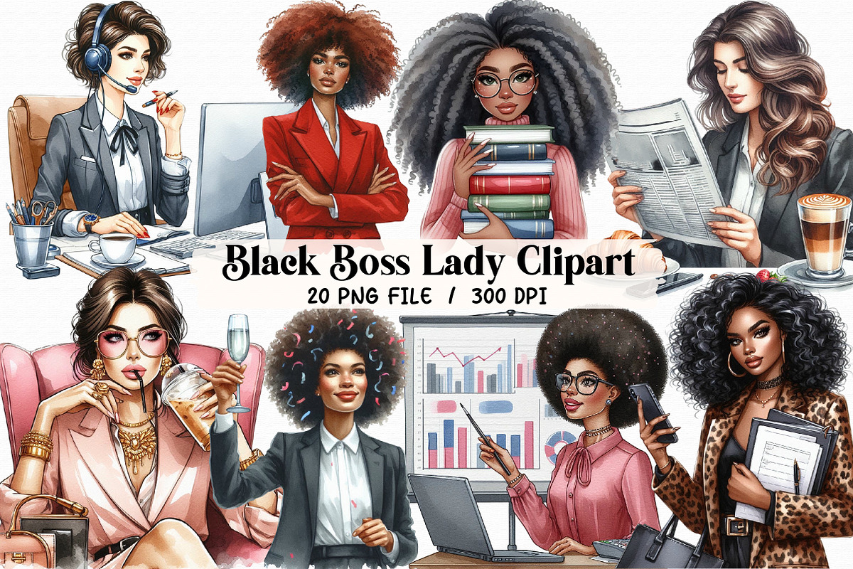 Watercolor Black Boss Lady Clipart, an Illustration by Libby Wishes (Photo 1 of 10)