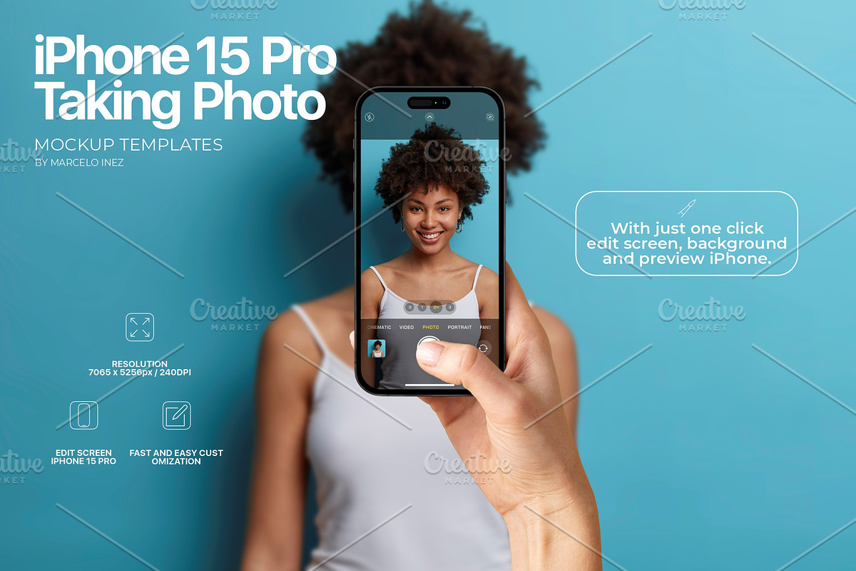 iPhone 15 Pro Taking Photo Mockup, an iPhone Mockup by Marcelo Inez