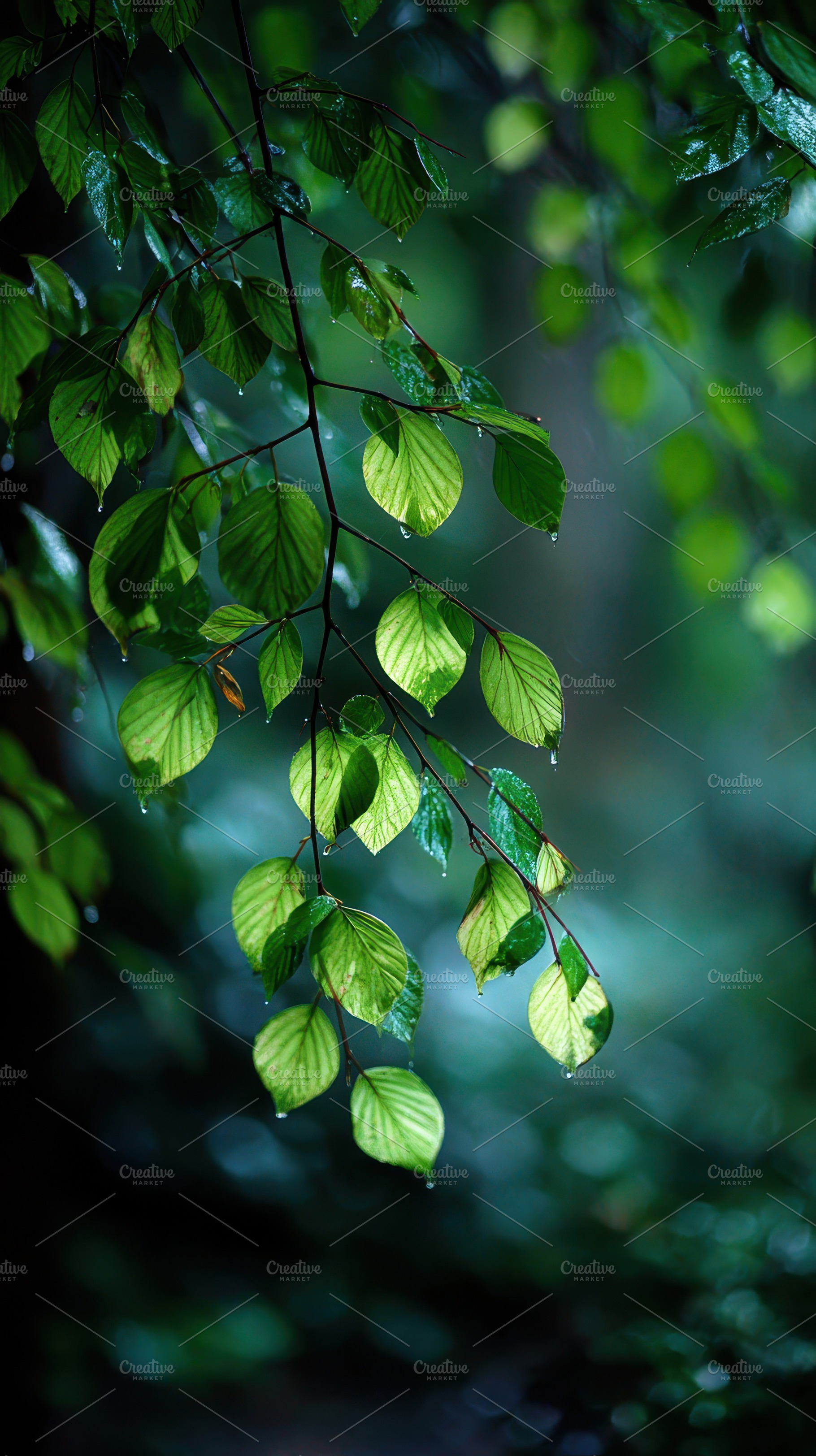 Rain drops on green leaves glistenin, a Photo by Pixeness Studio