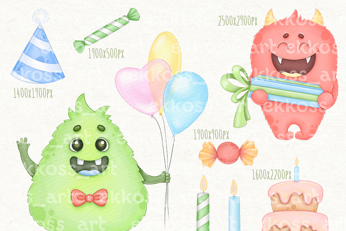 Watercolor Monsters Birthday Clipart, an Illustration by ekossa_art (Photo 3 of 6)