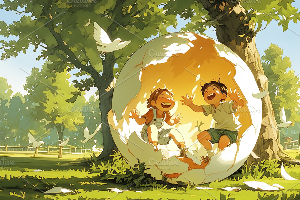 Two joyful children playing inside a large cracked egg outdoors on a sunny day, an Illustration by AS photostudio
