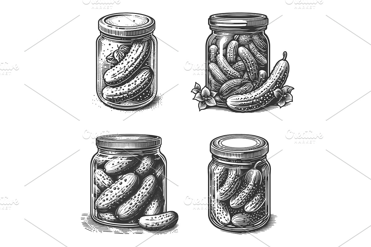 Pickles in Glass Jars engraving, a Food Illustration by AlexArt