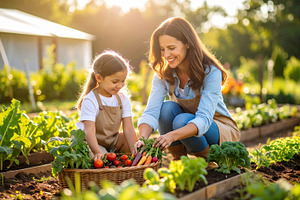Mother and Daughter Harvesting Vegetables in Garden, a Food & Drink Photo by Davizro's Market