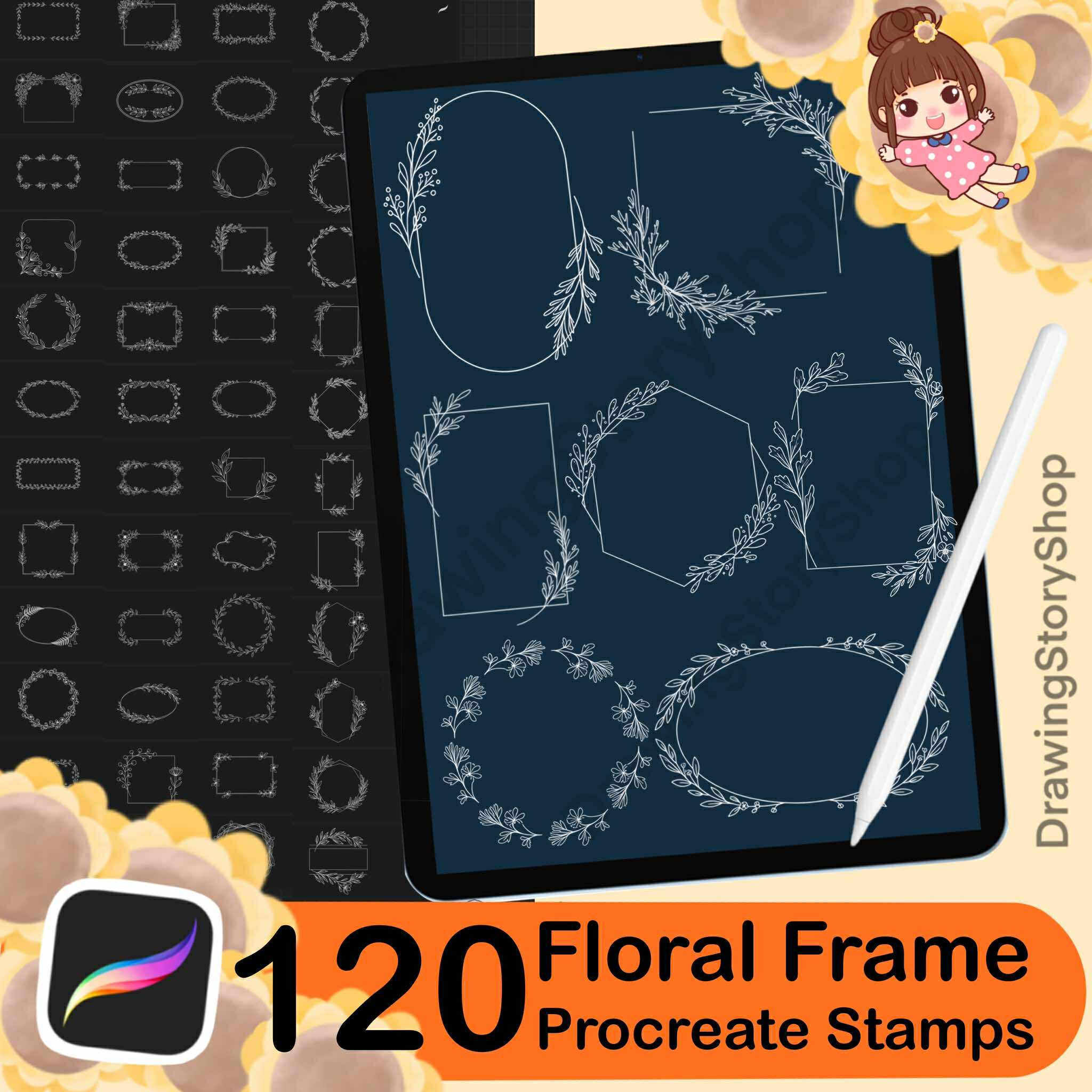 120 Procreate Floral Frame Stamps, a Brush Add-On by DrawingStoryShop