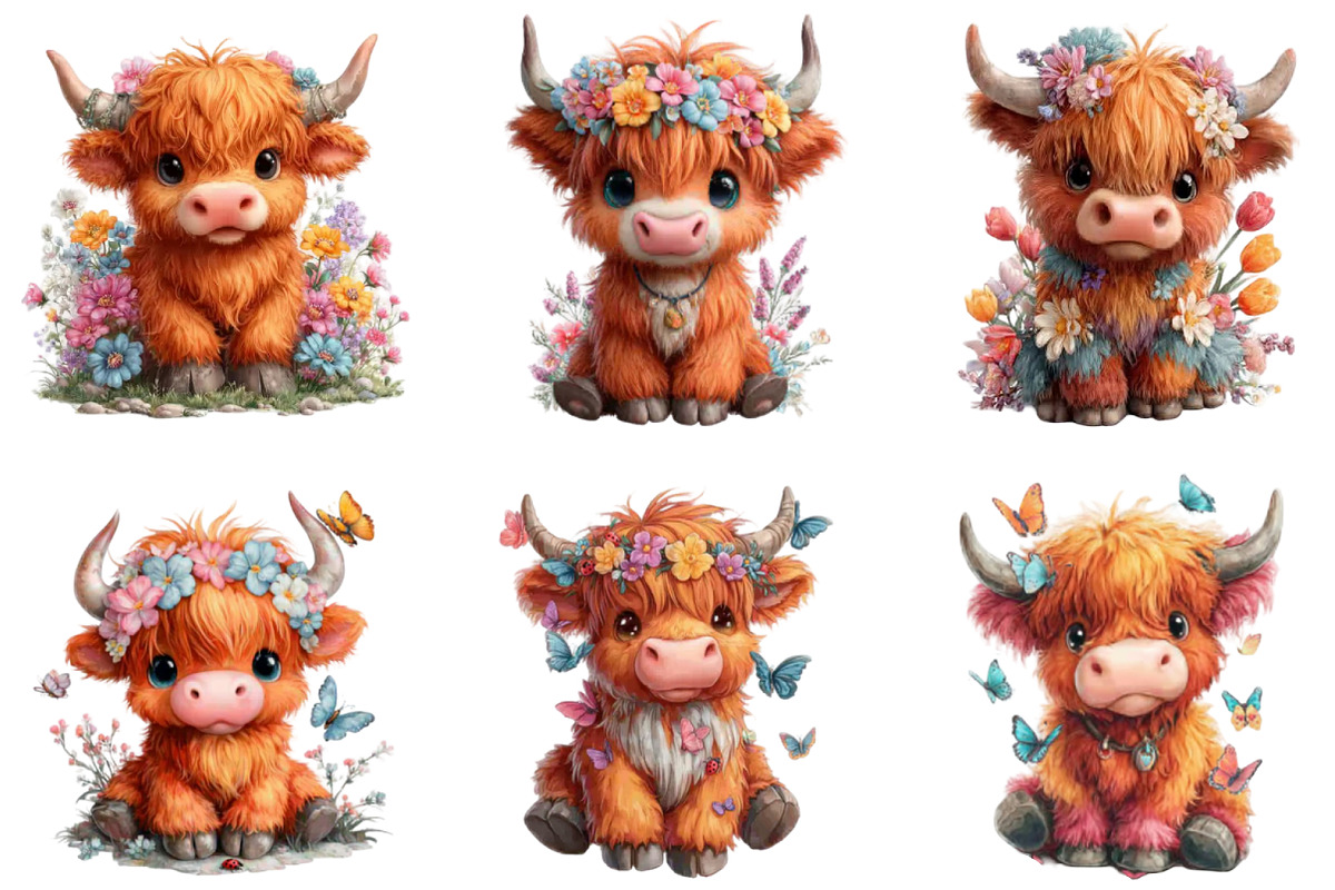 Watercolor Spring Highland Cow Clipa, an Illustration by CraftArtStudio (Photo 2 of 6)