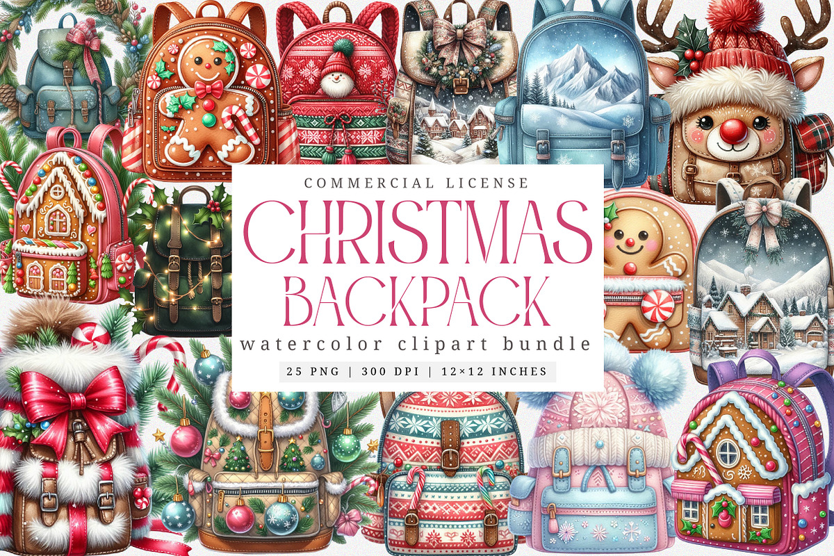 Watercolor Christmas Backpack PNG, an Illustration by SinaCreation (Photo 1 of 7)