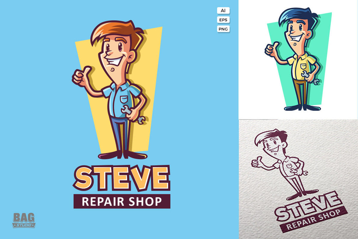Cartoon Repair Guy Mascot Logo, a Branding & Logo Template by Bagstudio Shop
