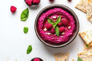 Delicious beetroot hummus garnished, a Photo by Pavel_design